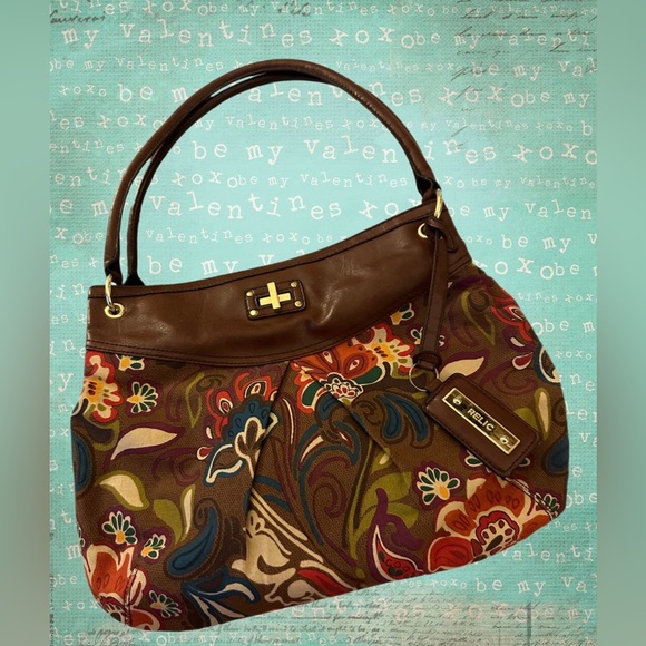 Relic Brand by FOSSIL Brown Floral Fabric Shoulder Bag with Brown Trim - Picture 1 of 10